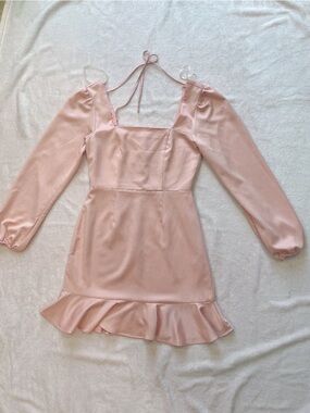 Square Neck Satin Long Sleeve Dress in Dusty Rose